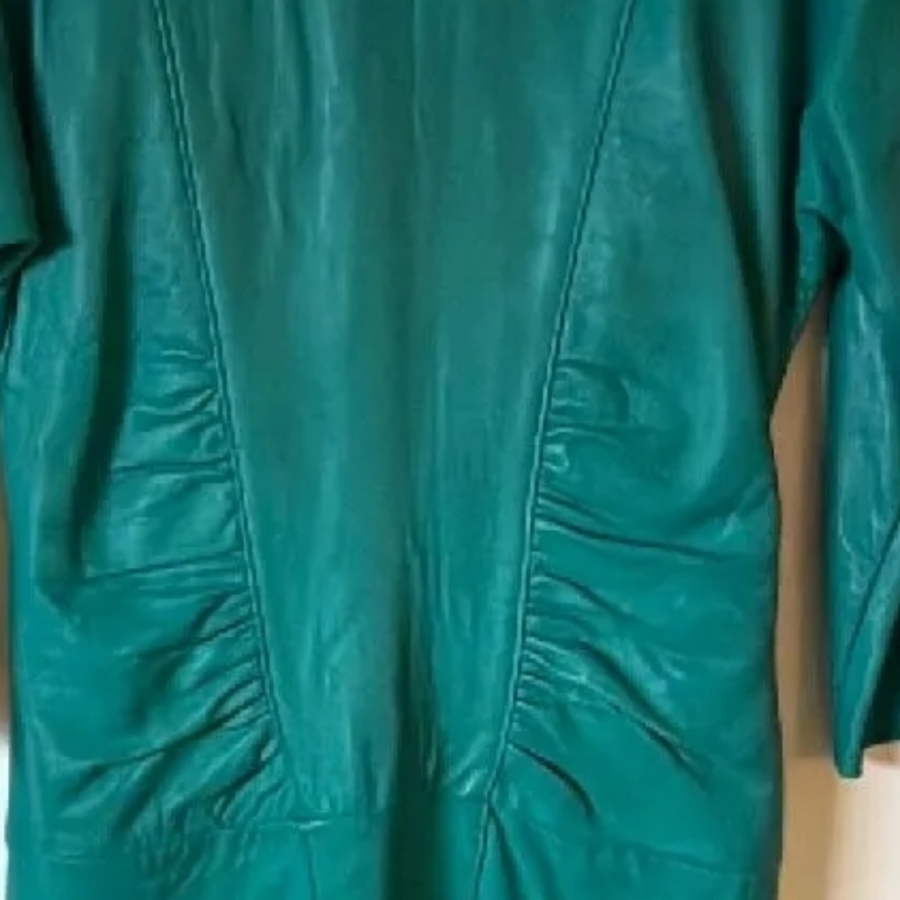 VINTAGE 80s TEAL GREEN LEATHER KNEE LENGTH DRESS WOMENS SMALL - Picture 6 of 6